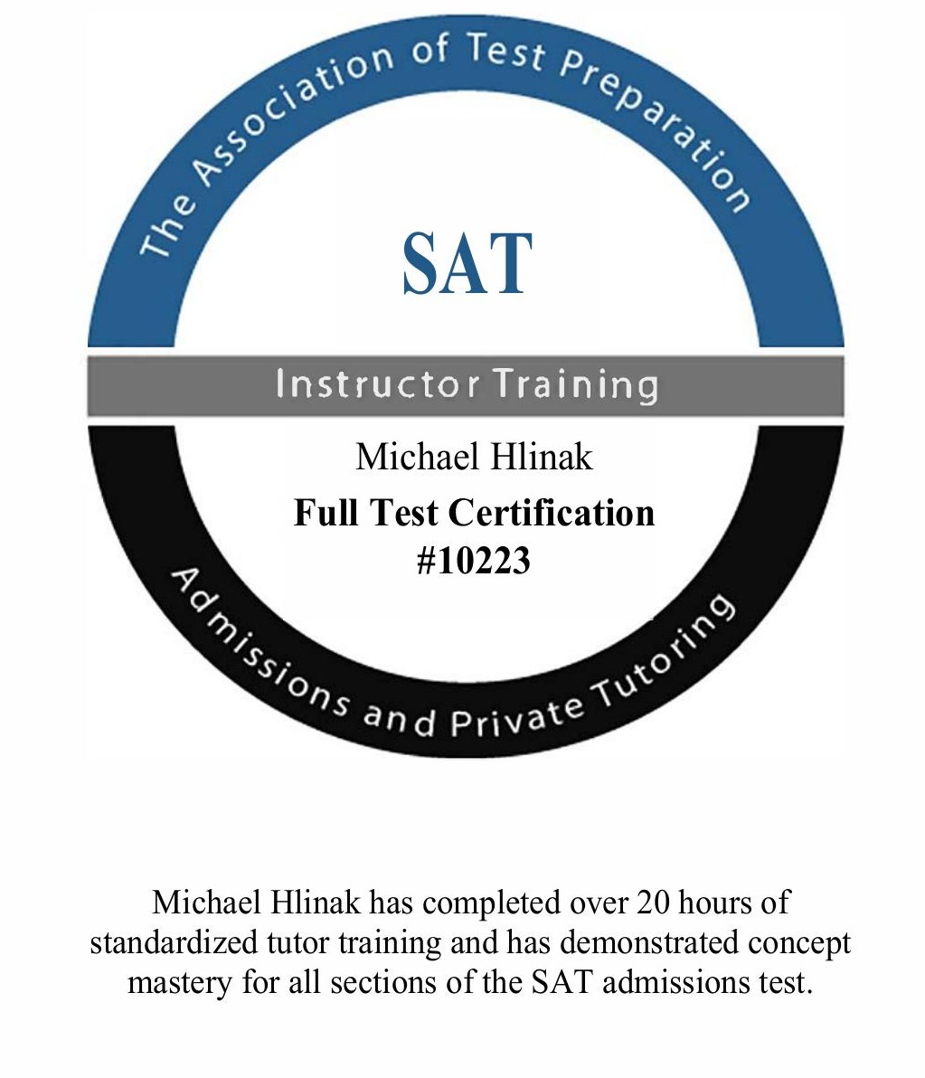 SAT Full Test Certification #10223 issued to Michael Hlinak by The Association of Test Preparation